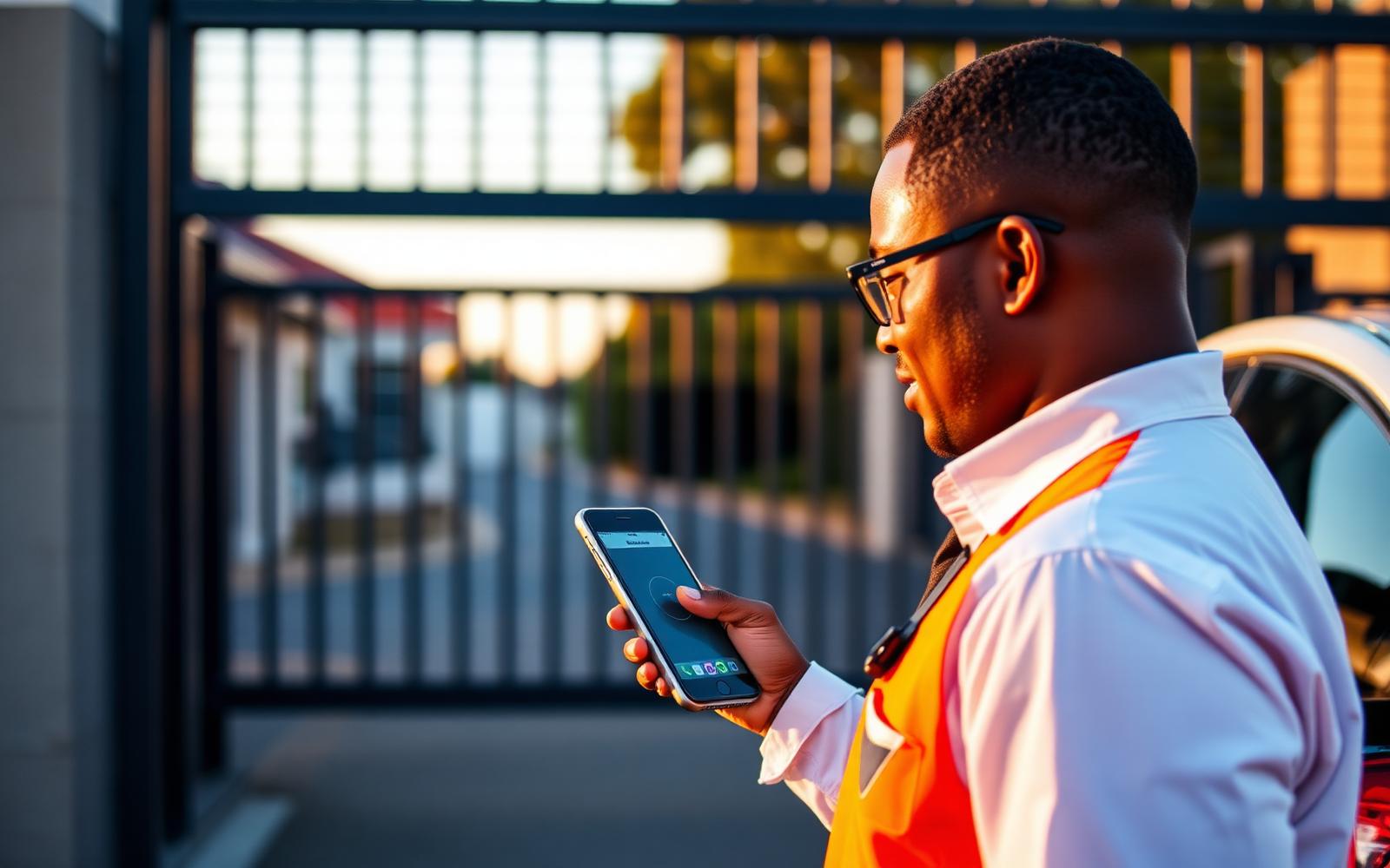 Security guard scanning a vehicle licence disk with a smartphone at an estate gate